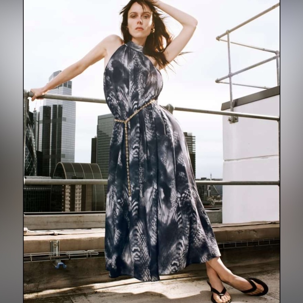 COS 8 Halterneck Maxi Watercolour Snake Print Grey Black White ECOVERO Dress